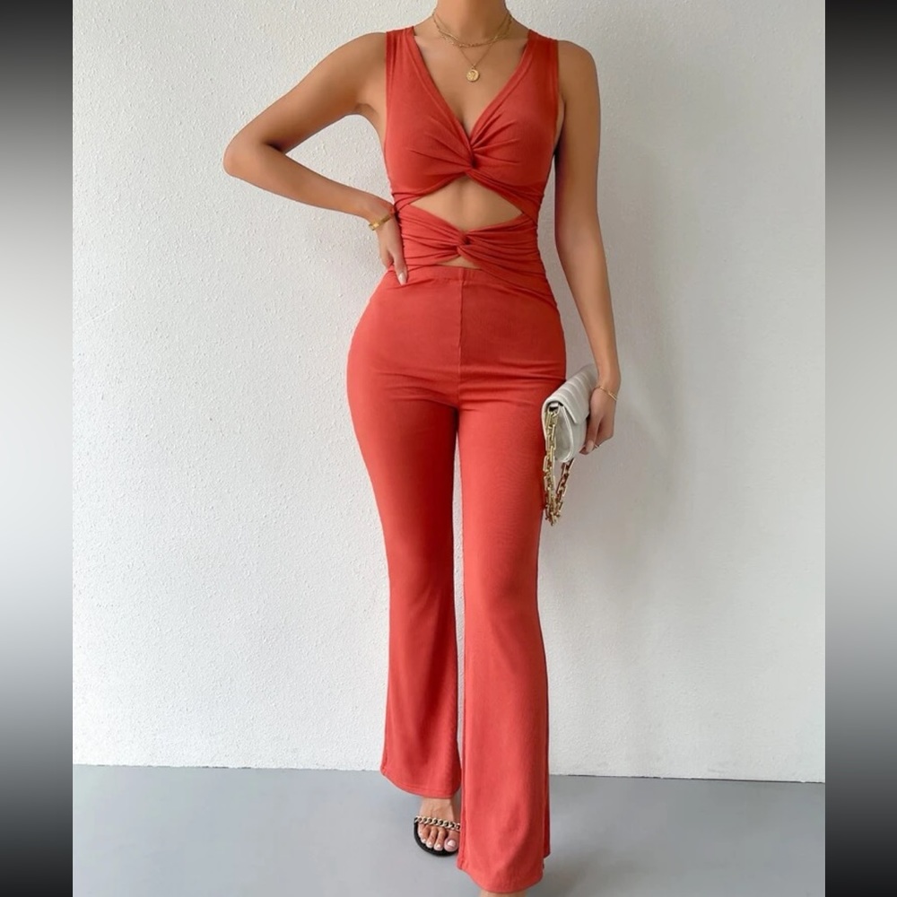 SHEIN Unity Solid Twist Front Cutout Flare Leg Jumpsuit